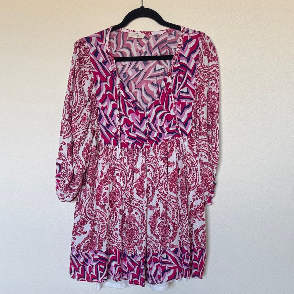 entro Pink and Purple Swirl V-Neck Dress, size medium